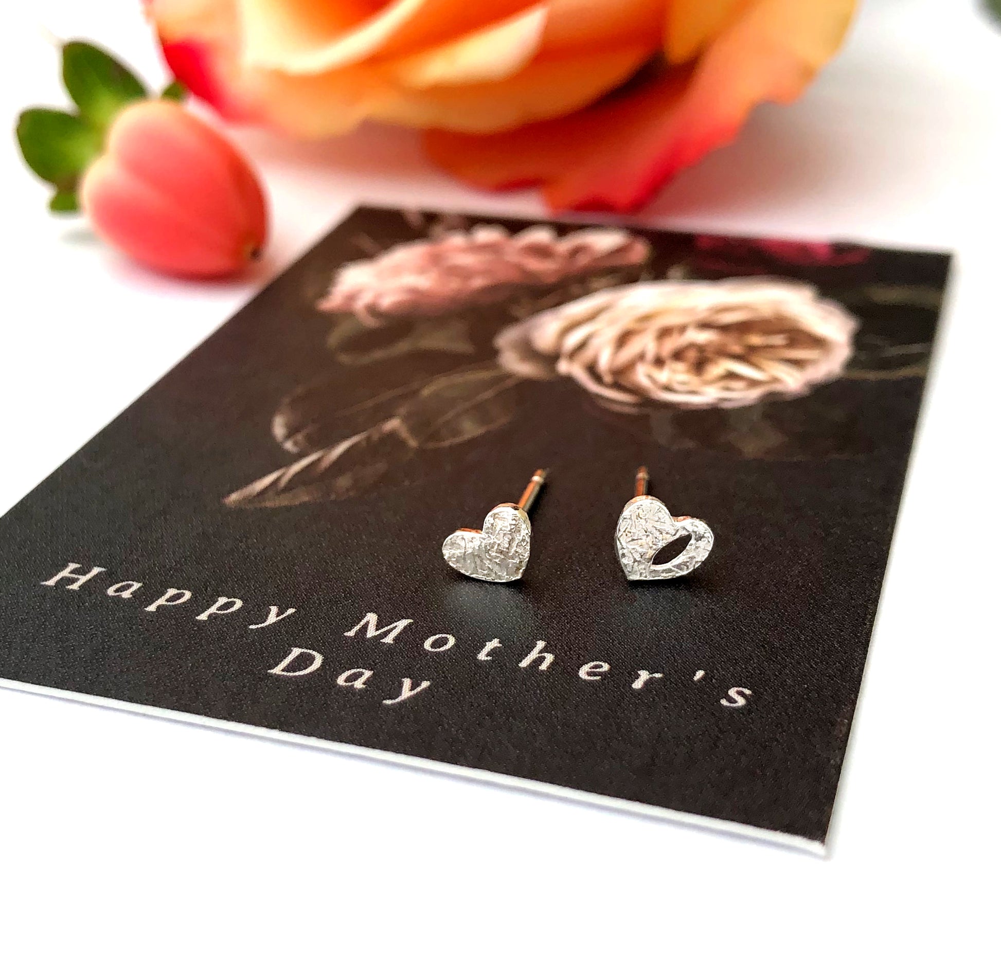 sterling silver mismatched heart earrings with happy mothers day card