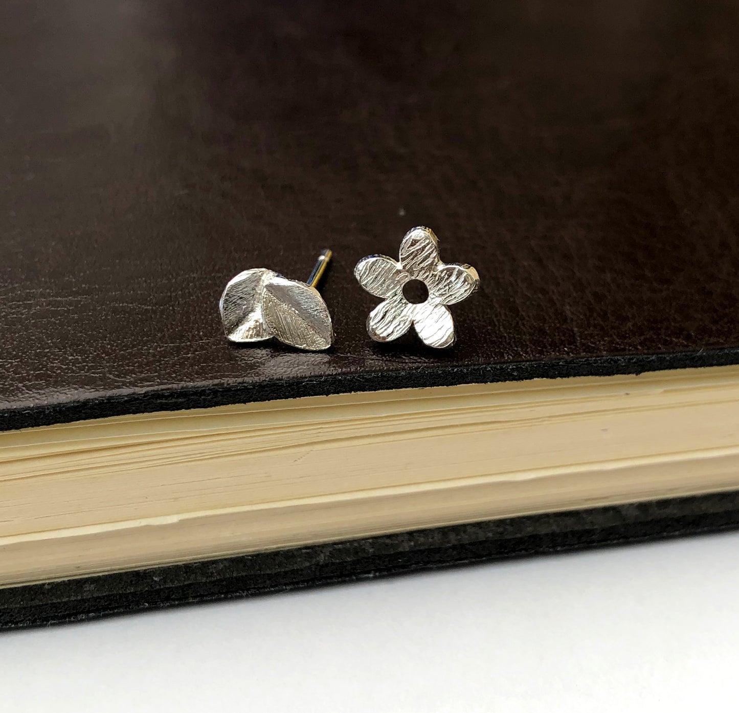 Sterling Silver Flower And Leaf Mismatched Stud Earrings, Thank You Jewellery Gift