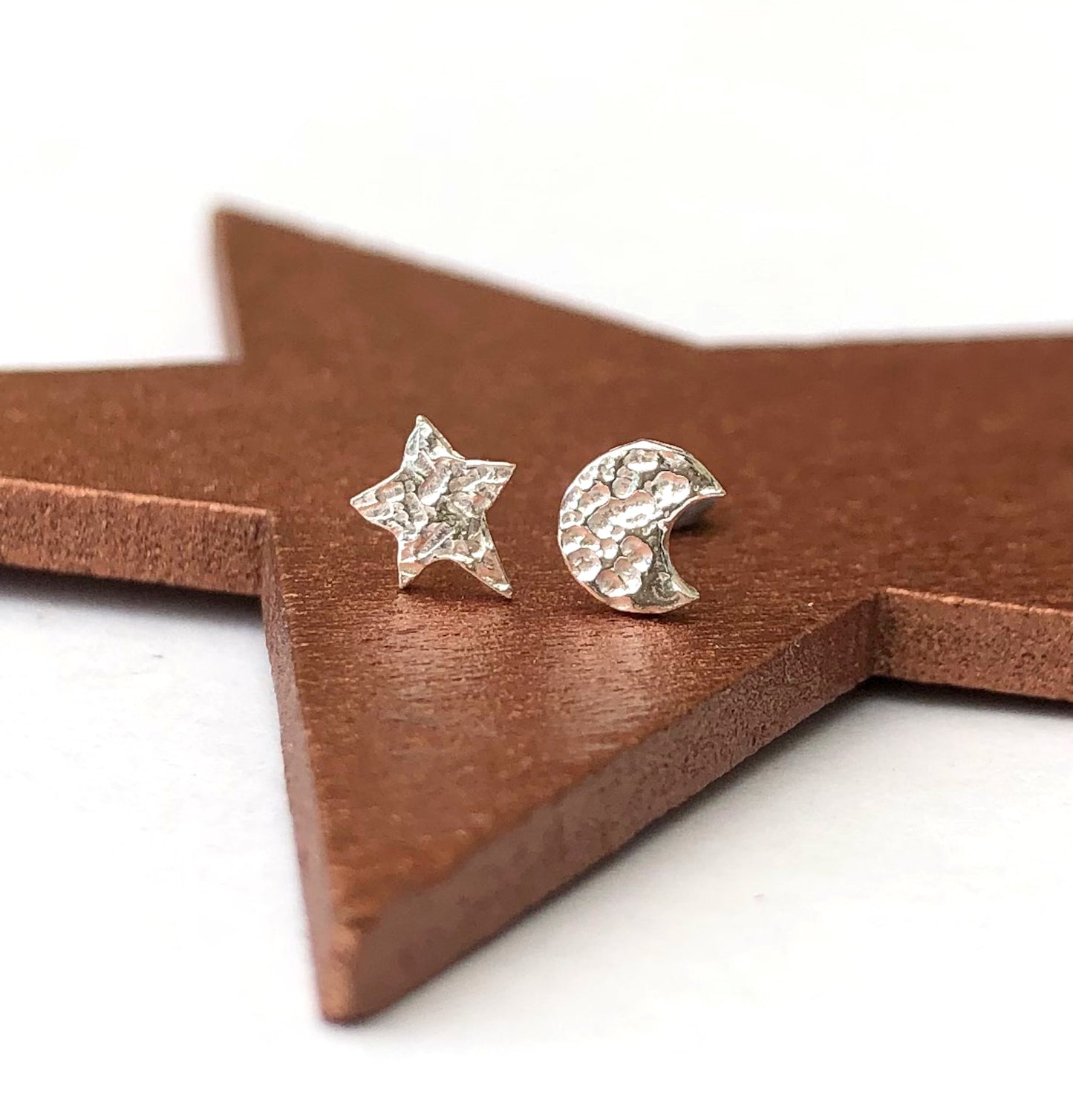 Sterling Silver Mini Moon And Star Earrings, Dainty Celestial Mismatched Stud