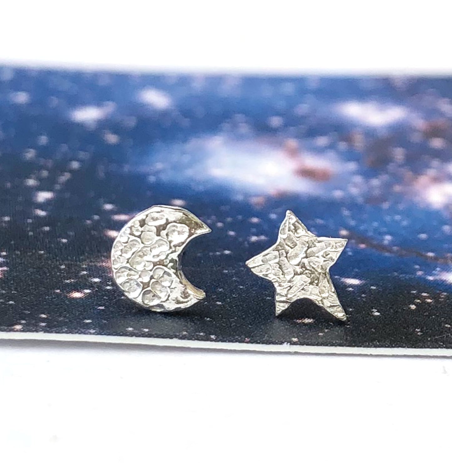 Sterling Silver Mini Moon And Star Earrings, Dainty Celestial Mismatched Stud