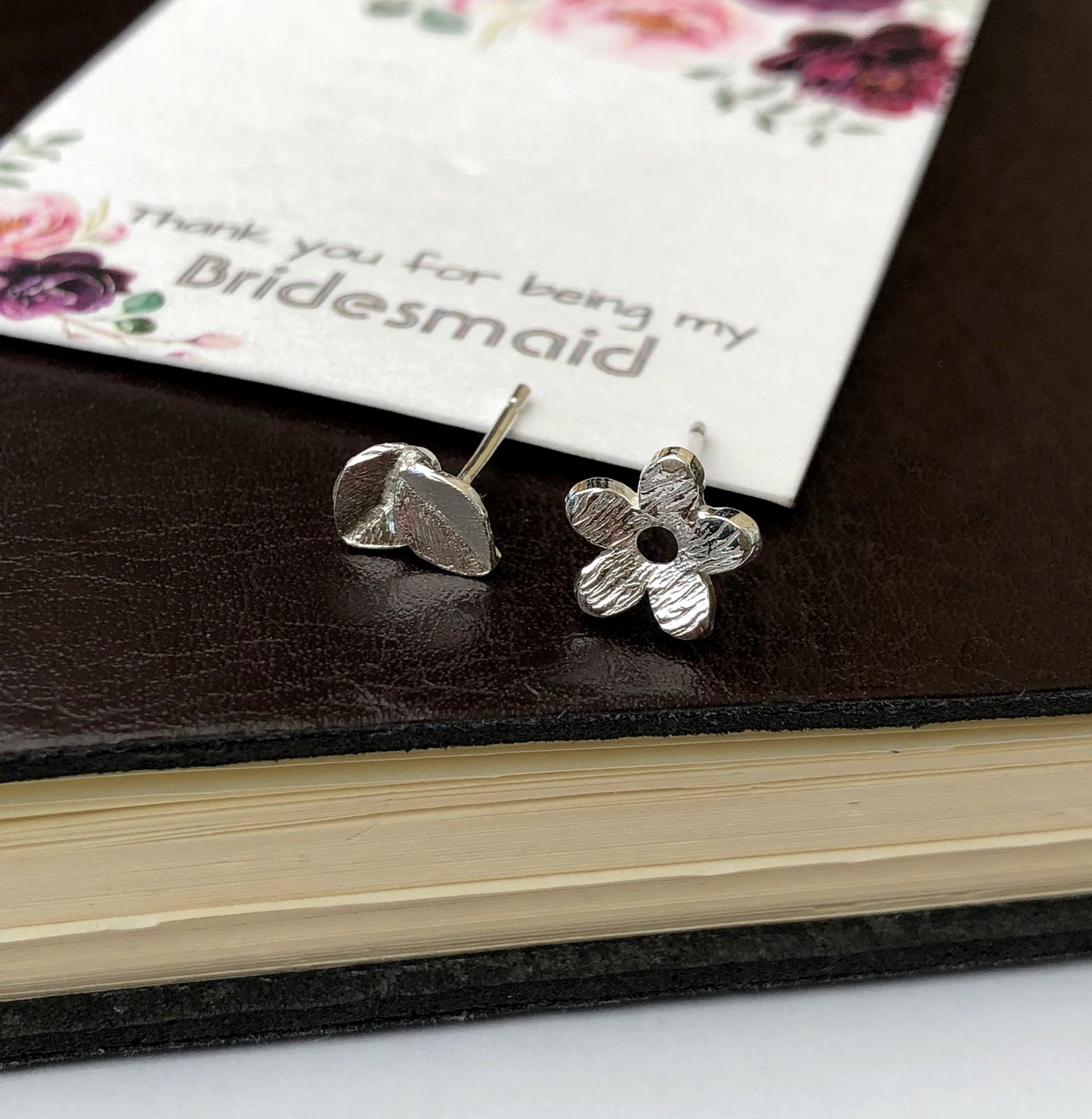 Sterling Silver Flower And Leaf Mismatched Stud Earrings with thank you bridesmaid gift card