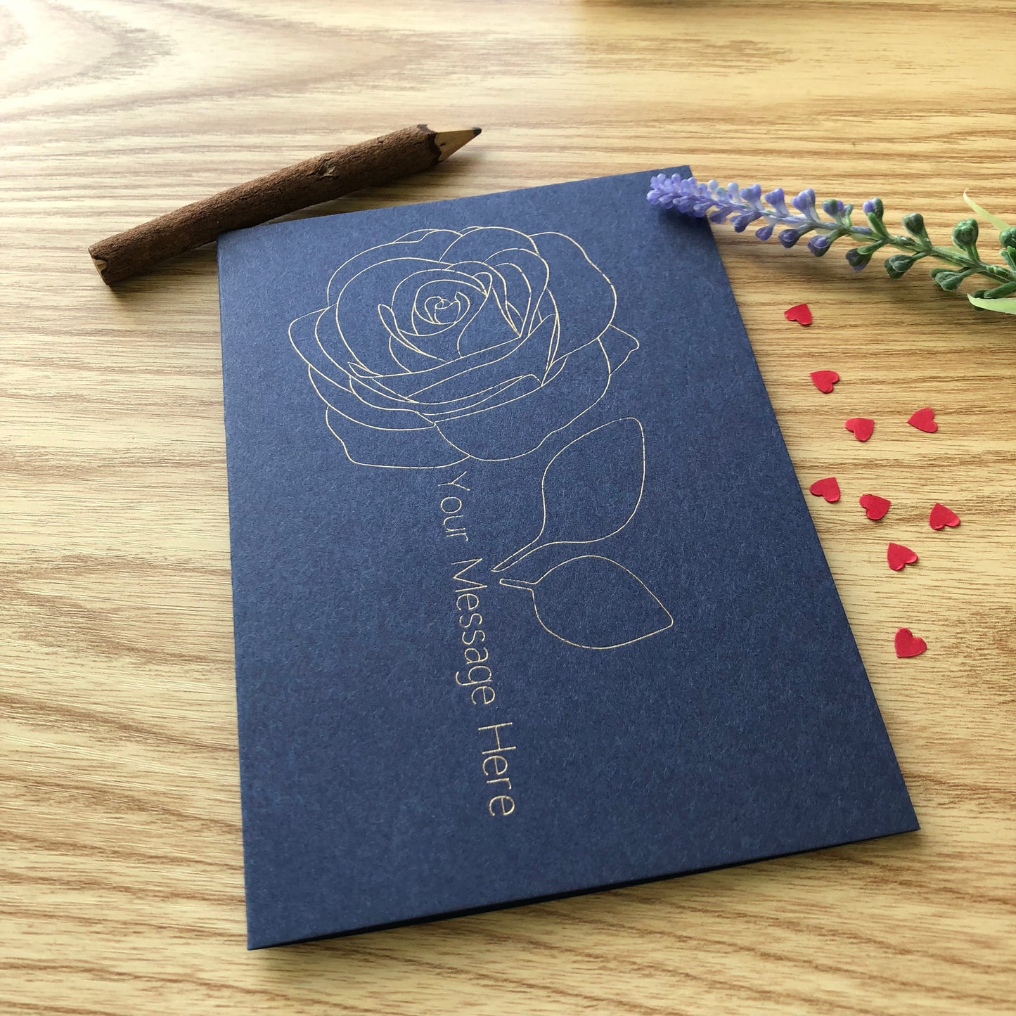 june birthday gold foil rose on dark blue card with personalised message