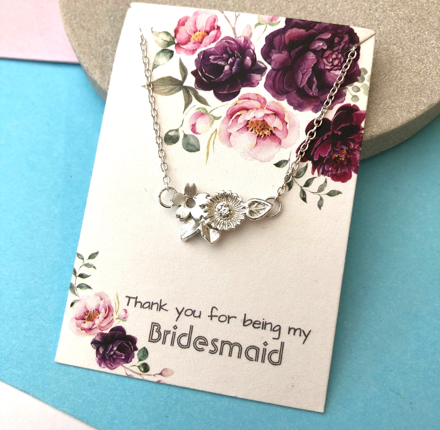 sterling silver flower necklace with thank you bridesmaid gift card