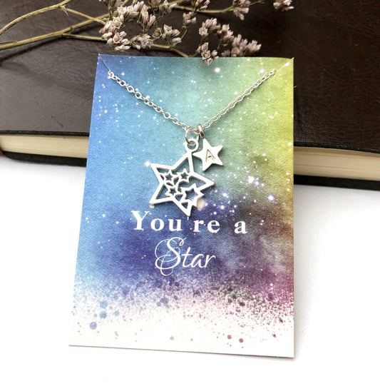 sterling silver personalised initial star necklace with gift card